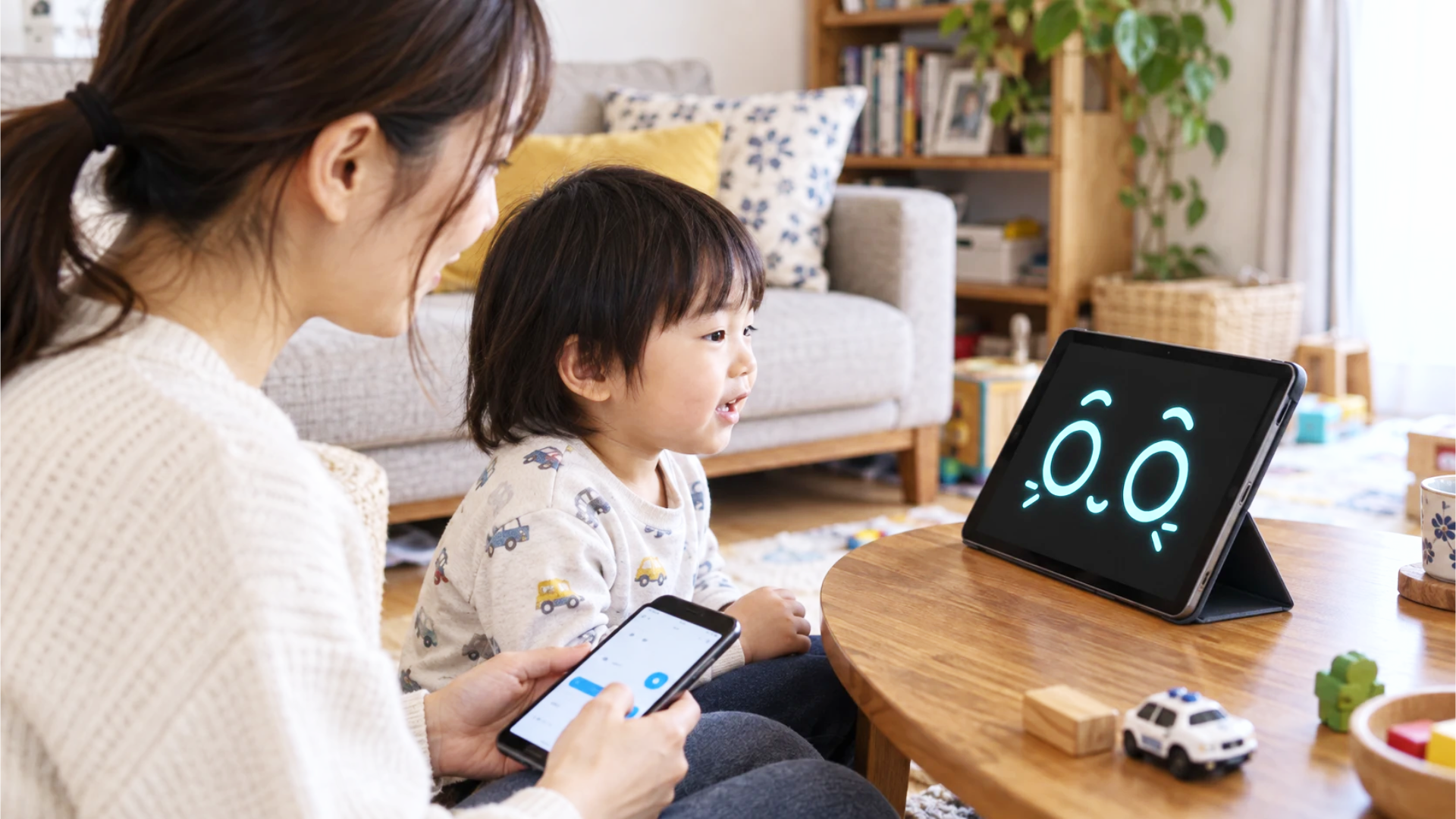 子どもがテーブルのミモに話しかけ、隣の母親が膝元のスマートフォンで返事を選んでいる